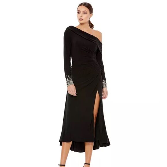Mac Duggal 26485 Asymmetrical Black‎ Midi Dress Slit NWT $398 - Picture 4 of 5